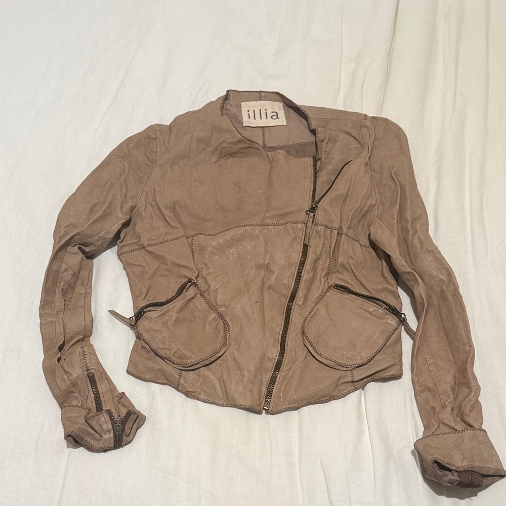 ILIA Taupe-Brown Leather Asymmetrical Zip Jacket size 6 (see pics)